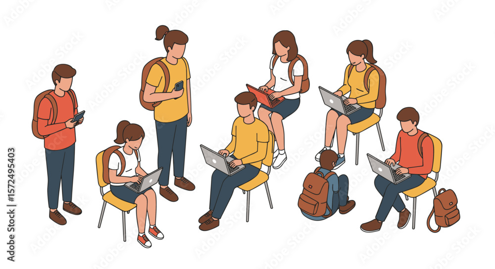Poster group of students engaging with technology in casual setting