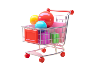 Colorful 3D Gift Boxes in Shopping Cart on a Transparent Background