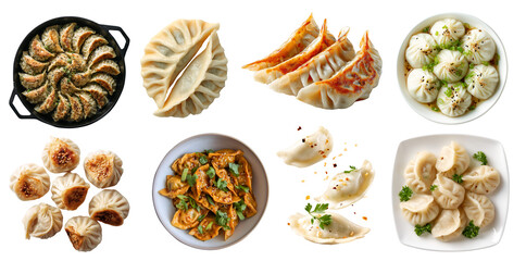 Set of soup dumplings, tangbao, jiaozi Gyoza Pierogi mandu,Chinese steamed bun, Xiao Long Bao baozi, wonton, broth meat filling, isolated on transparent cutout PNG. Many different Mockup template.	