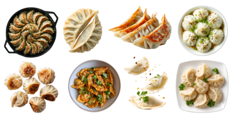 Set of soup dumplings, tangbao, jiaozi Gyoza Pierogi mandu,Chinese steamed bun, Xiao Long Bao baozi, wonton, broth meat filling, isolated on transparent cutout PNG. Many different Mockup template.	
