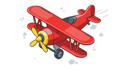 Cute red vintage airplane with cartoon clouds in motion