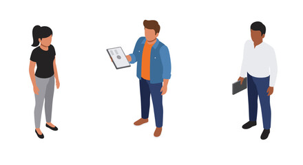 Obraz premium Isometric business meeting: diverse team collaborating with technology devices and charts