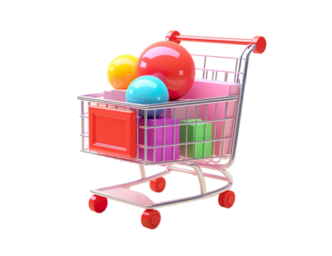 Colorful 3D Gift Boxes in Shopping Cart on a Transparent Background