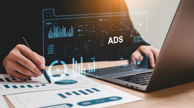 A businessman analyzes marketing campaign data on his laptop, focusing on the key performance indicators of his ads