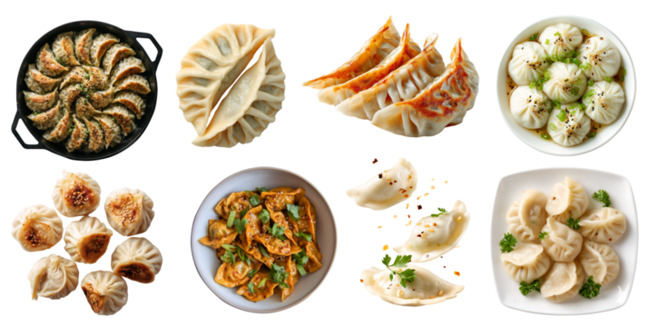 Set of soup dumplings, tangbao, jiaozi Gyoza Pierogi mandu,Chinese steamed bun, Xiao Long Bao baozi, wonton, broth meat filling, isolated on transparent cutout PNG. Many different Mockup template.	
