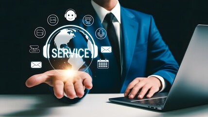 A businessman presents a glowing globe with the word service, surrounded by communication icons, symbolizing global customer support