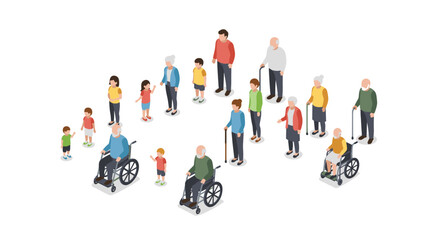 Isometric diverse generational family group with children and elderly in wheelchairs