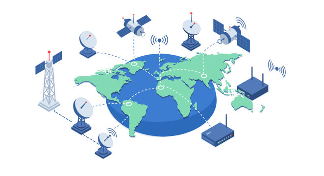 Isometric global communication network with satellites and wireless connections