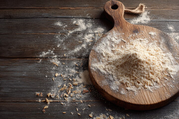 Rice flour dust scattered on rustic wooden cutting board with almond pieces, creating natural and cozy kitchen atmosphere for baking or cooking preparation