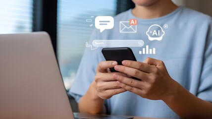 A person uses a smartphone with airelated icons appearing above it
