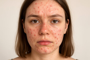 A young woman with visible acne and skin irritation looks directly at the camera.