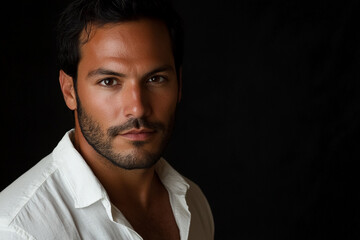 Fototapeta premium Close-up portrait of an attractive young man with dark hair against black background