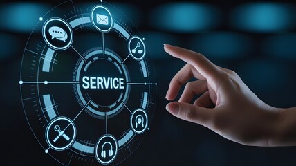 A hand touches a virtual screen displaying a circular service icon network