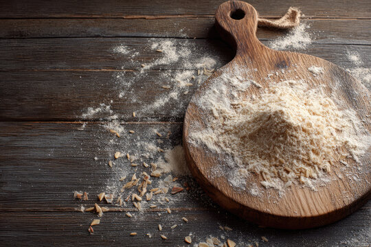 Rice flour dust scattered on rustic wooden cutting board with almond pieces, creating natural and cozy kitchen atmosphere for baking or cooking preparation - Powered by Adobe