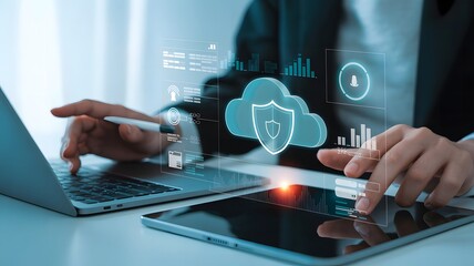 A businesswoman uses a laptop and tablet, with a digital cloud security interface displayed