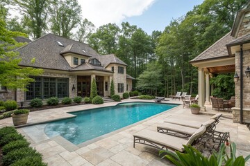 Fototapeta premium Luxury countryside home with blue swimming pool, lounge chairs, and landscaped backyard. Real estate vacation property featuring modern exterior, green trees, summer sky, and relaxing ambiance.