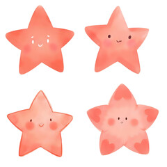 four single isolated pastel red watercolor stars with a cute smile on a transparent background