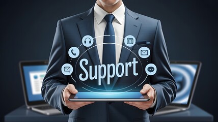 A businessman holds a tablet displaying a support interface, offering various contact options