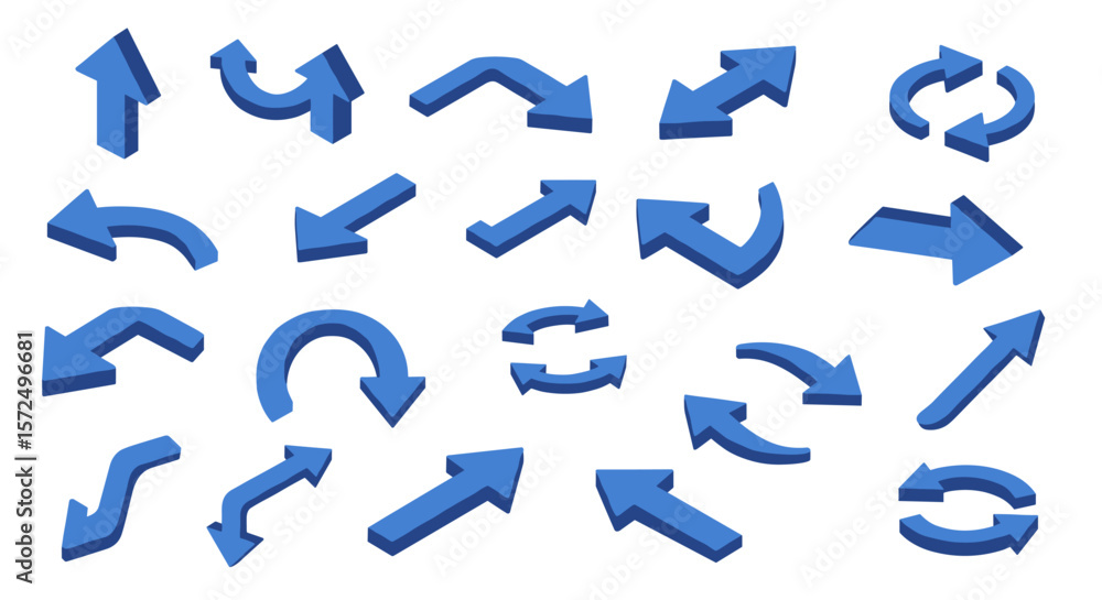 Poster blue 3d arrows collection with different directions and styles for design projects