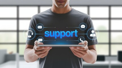A man holds a tablet displaying the word support surrounded by communication icons, offering assistance and solutions