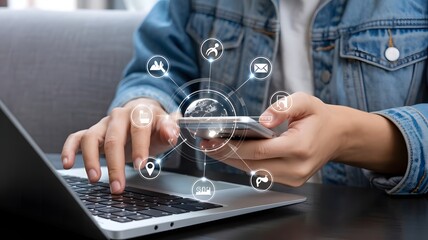 A person uses a smartphone and laptop, surrounded by digital icons representing global connectivity and communication