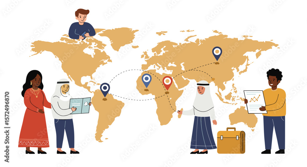 Poster global collaboration and networking concept with diverse business team and world map