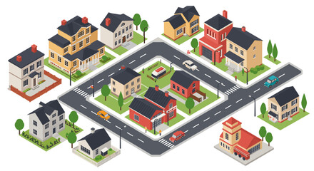 Charming isometric neighborhood with colorful houses and cars in a peaceful urban setting