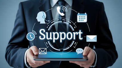 A businessman holds a tablet displaying a support interface with various communication icons