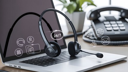 A sleek black headset rests on a silver laptop, ready to provide 247 customer support, symbolized by glowing icons