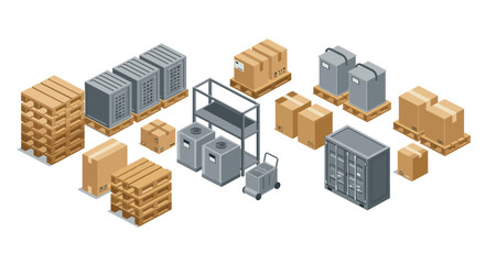 Isometric warehouse elements: pallets, boxes, and containers for logistics