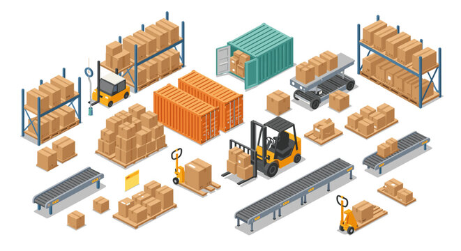 Isometric warehouse logistics setup with packaging and delivery equipment
