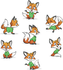 Fototapeta premium Cartoon cute fox set. Cartoon cute fox's posture positions. Cute cartoon fox mascot series.