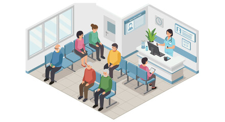 Busy waiting room in a modern clinic isometric design