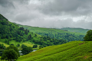 Obraz premium Low rain clouds drift over a range of fells at Rydal Water, casting a soft mist across the refreshing green landscape on a peaceful summer day in the Lake District countryside. 2