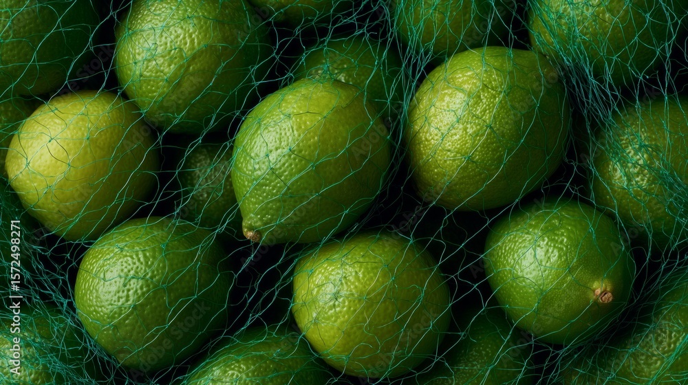 Wall mural macro front view of packed green limes behind turquoise mesh in full frame