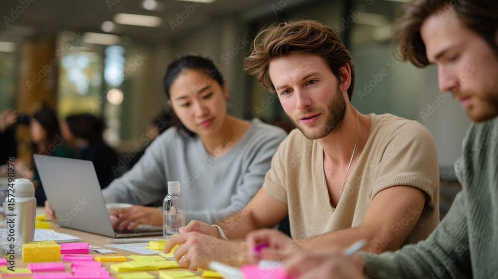 Poster team members collaborate on project while brainstorming ideas with sticky notes in a bright office d