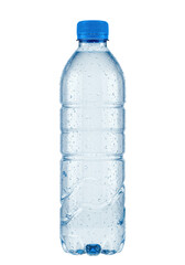 A transparent plastic water bottle, full of crystal clear water, ridged body, deep blue screw cap, and condensation droplets, isolated on a plain white background with high-angle UHD product