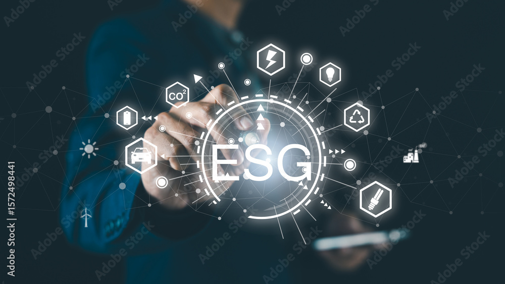Poster a person interacts with a digital interface displaying esg, surrounded by icons representing sustain