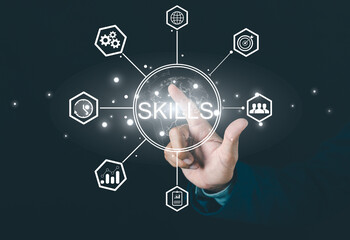 Obraz premium A hand is pointing at a virtual interface with the word 