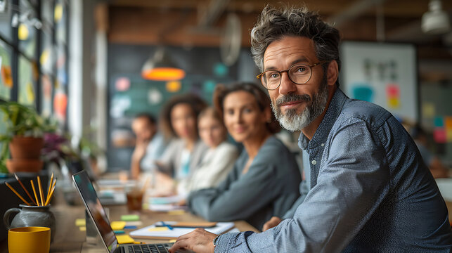 Diverse group collaborating in modern office setting with laptops