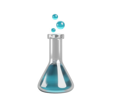 3d chemistry laboratory erlenmeyer flask with blue liquid and bubbles. Render lab glassware, glass conical beaker, isolated scientific equipment for medical or chemical experiment