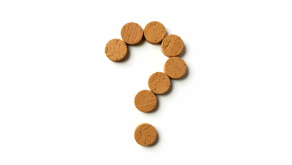 Question icon A conceptual question mark crafted from cork circles, presented in a natural style, viewed in clean cut mode on pure white background (2)