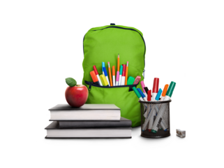 A back to school scene of a pile of three study books to learn from, a red apple, green school bag and pens and pencils isolated against a transparent background.