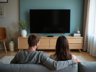 Couple Relaxing on Sofa Watching Television in Modern Living Room