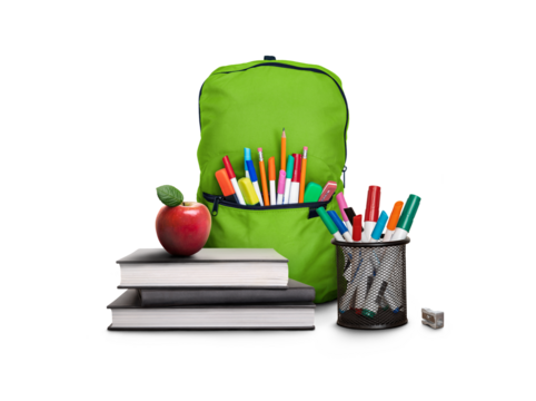 A back to school scene of a pile of three study books to learn from, a red apple, green school bag and pens and pencils isolated against a transparent background.