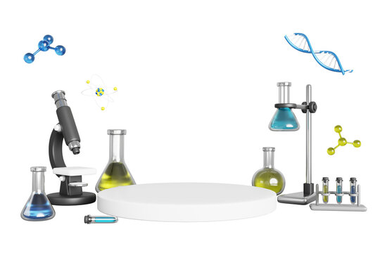 3d cosmetic laboratory podium with microscope, glass flasks, dna molecule and chemical formula. Science research lab platform for display product, effective beauty solutions render
