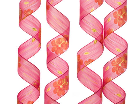 Elegant pink ribbon with floral pattern twisted into decorative loops isolated on transparent background - Powered by Adobe