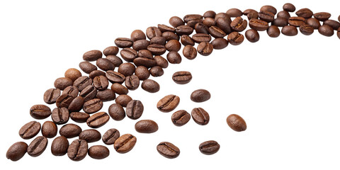 A cascade of roasted coffee beans scattered on a transparent background isolated on transparent background
