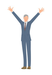 ビジネススーツを着た笑顔のシニア男性：両手を上げてバンサイ