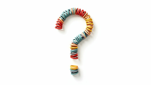 Question icon A conceptual question mark crafted from rubber bands, presented in a elastic style, viewed in looped mode on pure white background (1)